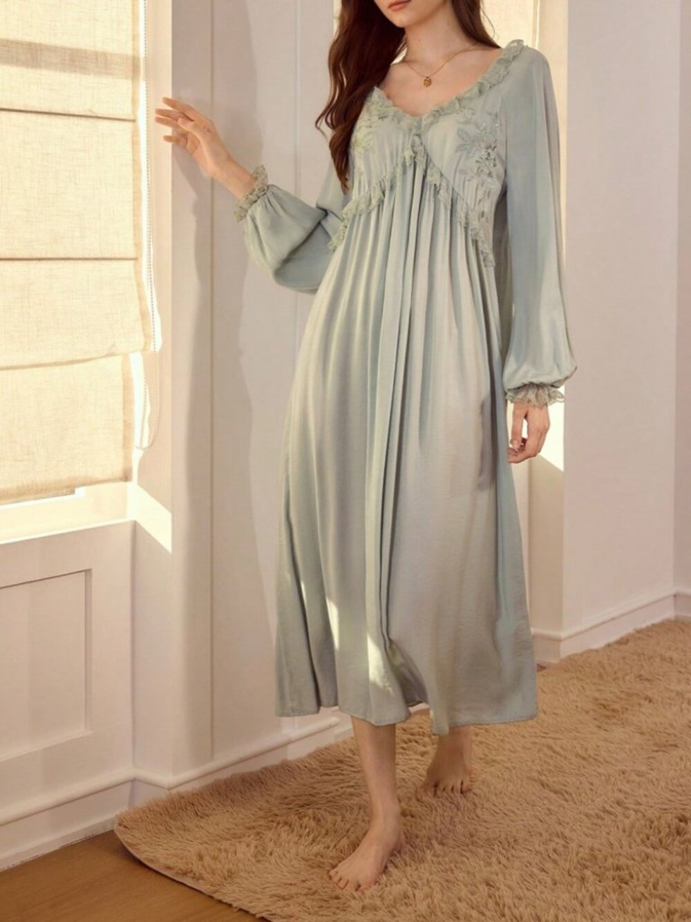 Sage Green Lace Trim Embroidered V Neck Bishop Sleeve Nightgown Dress